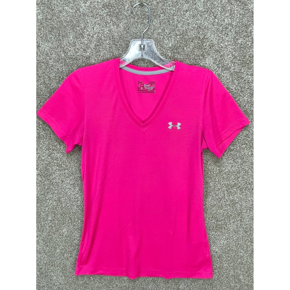 Under Armour V-Neck Semi-Fitted Athletic Tee Women Small Pink HeatGear Workout